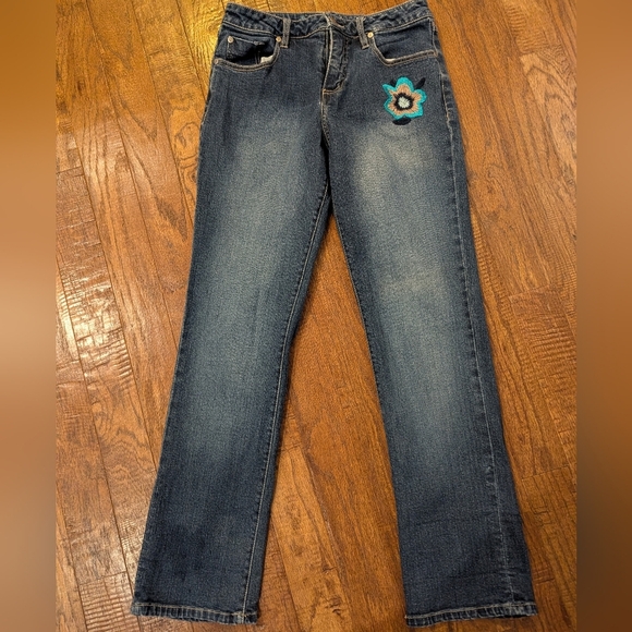 Y2K Santana Embroidered Flower Straight Leg Blue Jeans Size 28 - Picture 1 of 13